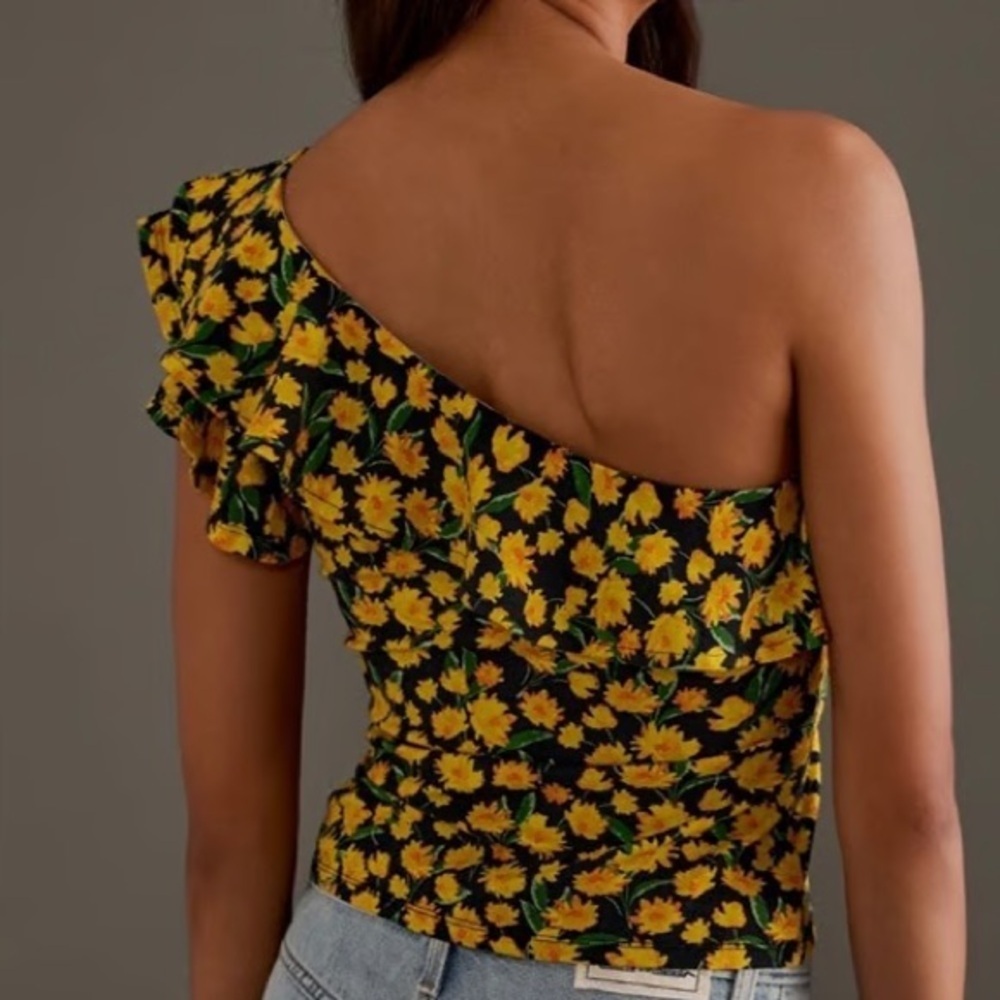Maeve Anthropologie One-Shoulder Floral Ruffled Tank Top - Picture 4 of 5
